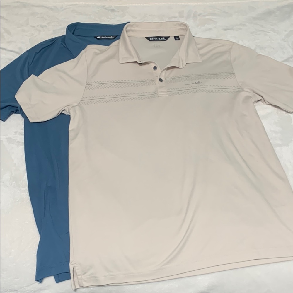 2 Travis Mathew Blue and Cream Polo Shirts